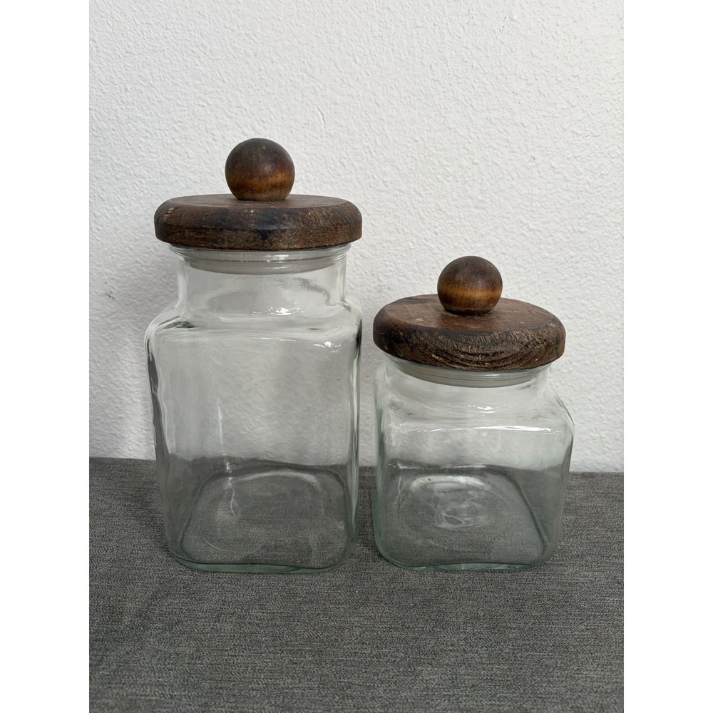 Vintage Anchor Hocking Clear Glass Canister Set Wood Lids Farmhouse Apothecary